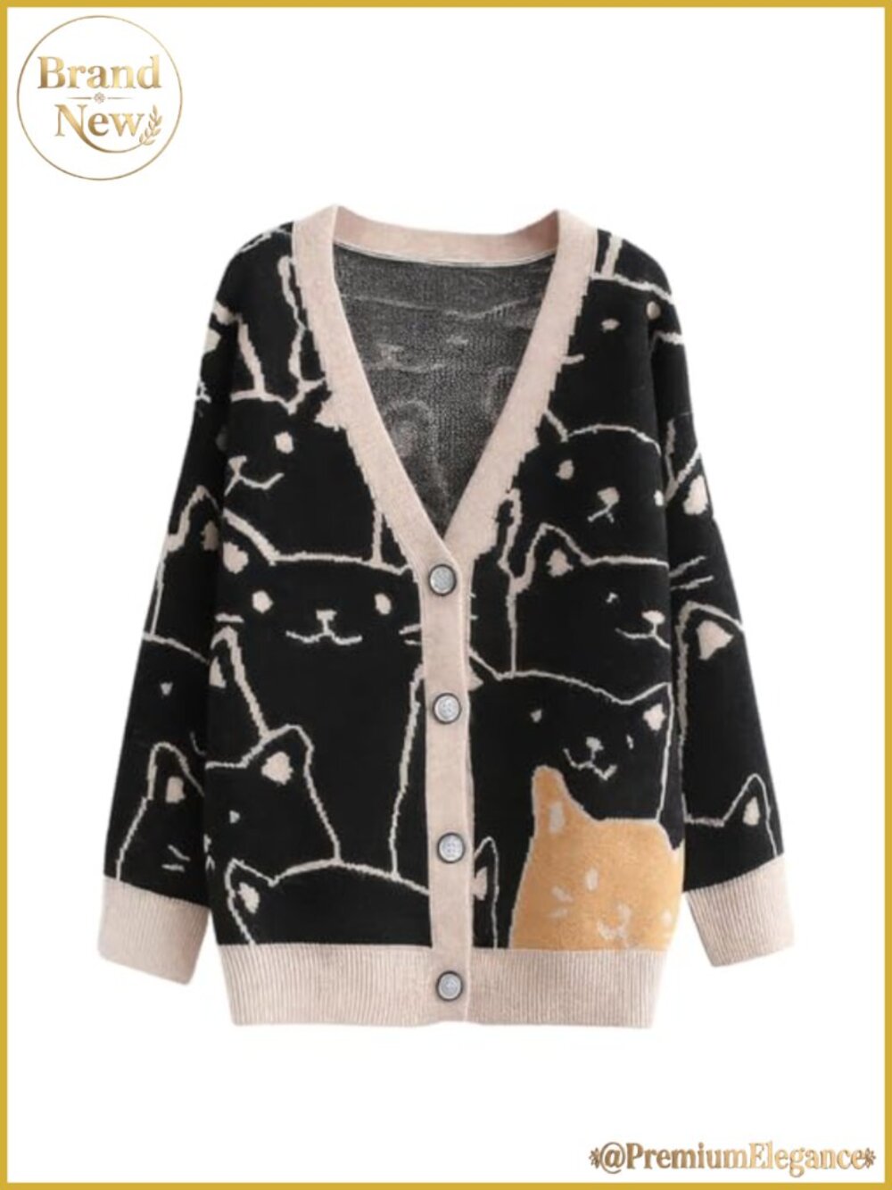 Women's Embroidery Cartoon Cat Knit Cardigan Long Sleeve Jacquard Sweater